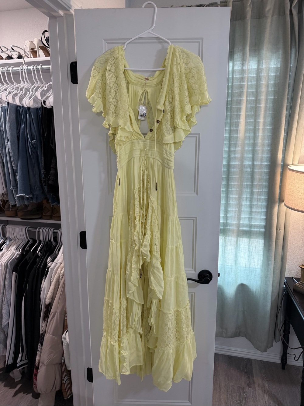 Free People Pale Yellow Ruffled Lace High-Low Maxi Dress